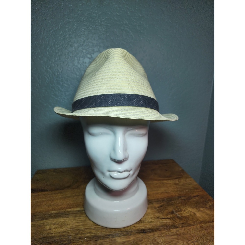 Goorin Bros Mens Straw Fedora Hat Cream Navy Blue Band Size Medium Summer Hat